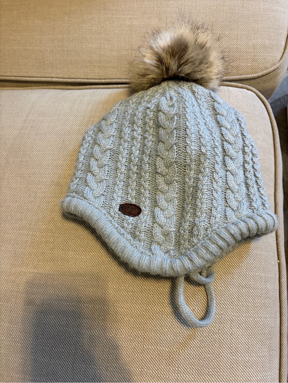 Kids Cable Knit Pom Hat with Chin Tie - Light Gray